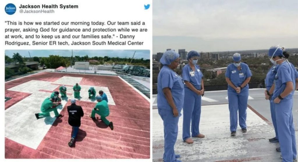 médicos e enfermeiros orando em hospitais